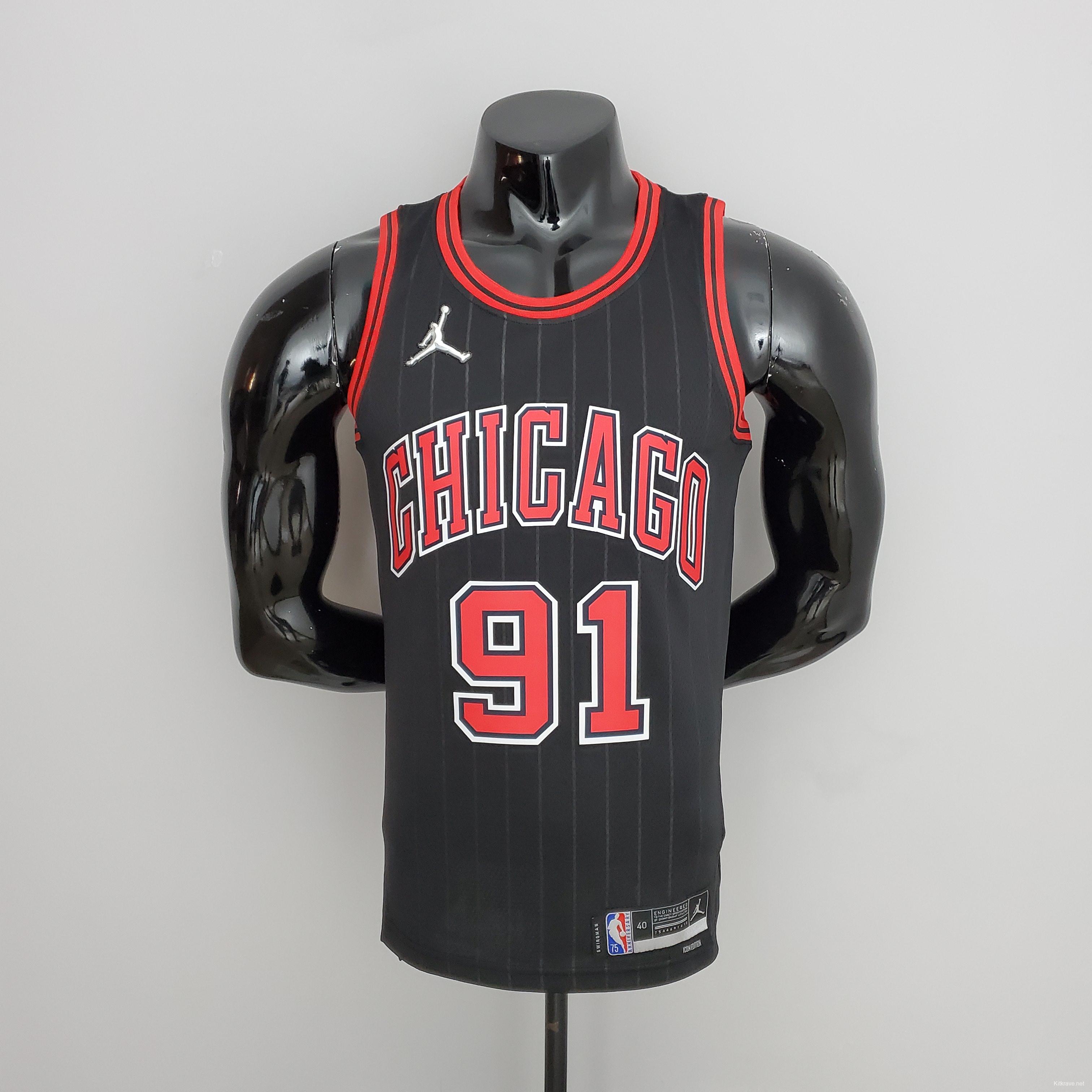 75th Anniversary Rodman#91 Bulls Flyers Black NBA Jersey