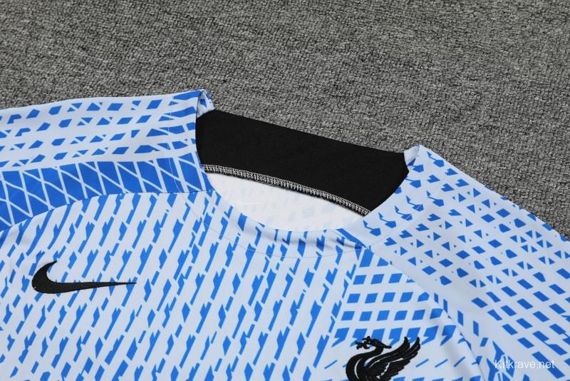 23-24 Liverpool White/Blue Grid Short Sleeve+Shorts