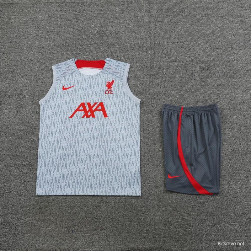 23-24 Liverpool White/Grey Grid Vest Jersey+Shorts