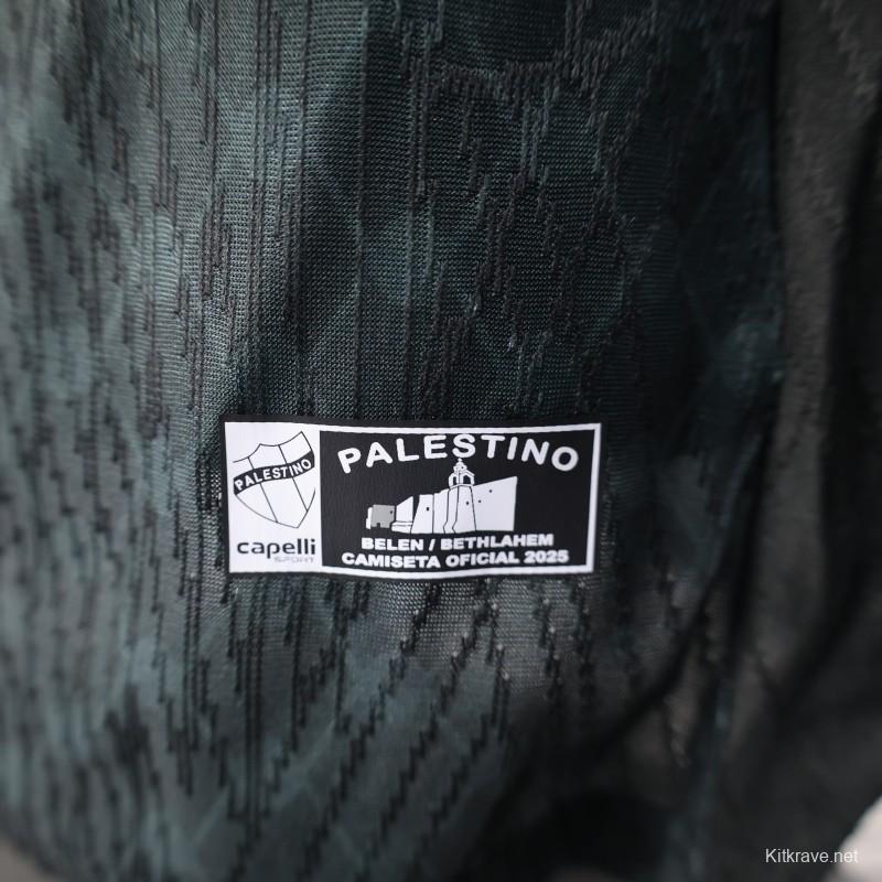 Player Version 25/26 CD Palestino Away Black Jersey with Red-Green Stripes and Bank of Palestine Sponsor