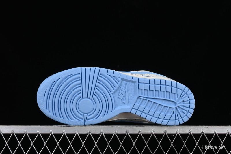 Nike SB Dunk Low LV Collaboration - Beige Blue Double Swoosh Print Anniversary Custom Low-Top Casual Sneakers - CF3688-005