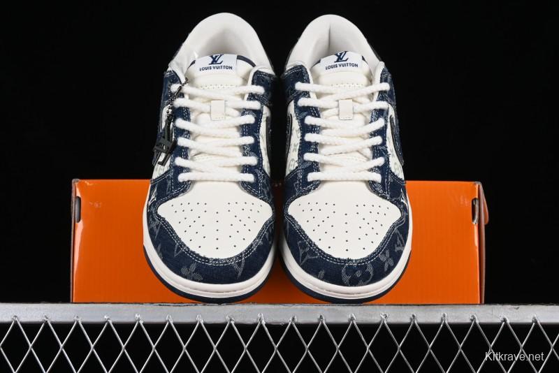 Nike SB Dunk Low LV Collaboration - Blue Denim Print Anniversary High-End Custom Low-Top Casual Skate Shoes - SJ2068-257