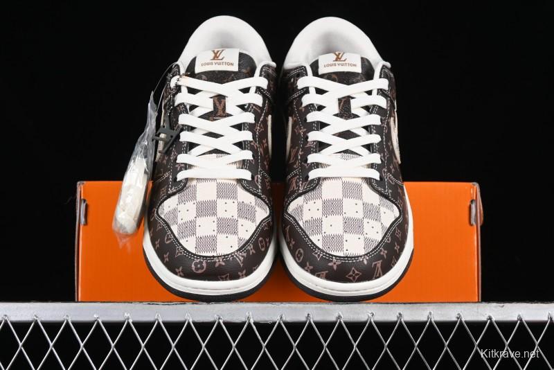 Nike SB Dunk Low LV Collaboration - Checkerboard Brown Monogram White Swoosh Anniversary High-End Custom Low-Top Casual Skate Shoes - SJ2068-255