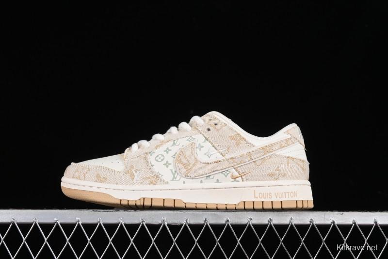 Nike SB Dunk Low LV Collaboration - Beige Swoosh Anniversary High-End Custom Low-Top Casual Skate Shoes - SJ2068-258