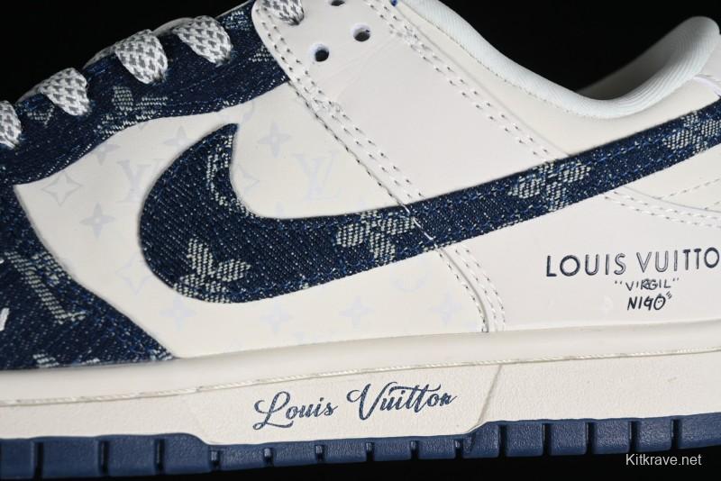 Nike SB Dunk Low LV Collaboration - Dark Blue Denim Anniversary High-End Custom Low-Top Casual Skate Shoes - XP3802-335
