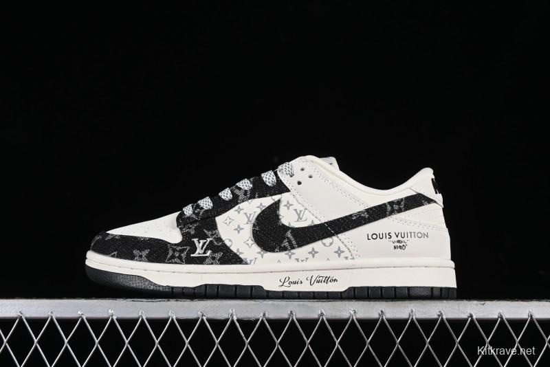 Nike SB Dunk Low LV Collaboration - Beige Black Denim Anniversary High-End Custom Low-Top Casual Skate Shoes - JH8310-946