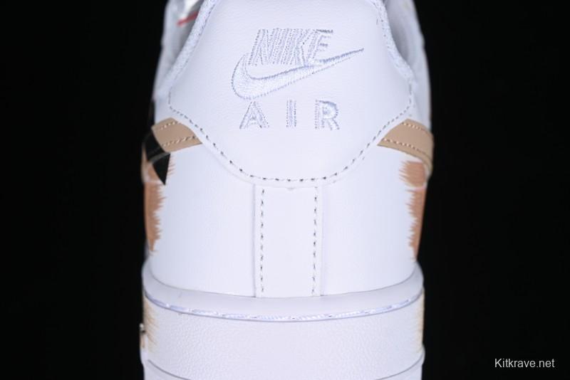 Nike Air Force 1 '07 Low Casual Sneakers with Anime-Inspired Hand-Painted Design, Broken Swoosh Shadow Effect, Brown/Black - CW2288-111