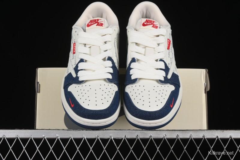 Nike Travis Scott x Fragment Design x Air Jordan 1 Low OG SP AJ1 Levi's Collaboration - White Blue Canvas Low Top Casual Sneakers - JH6088-605