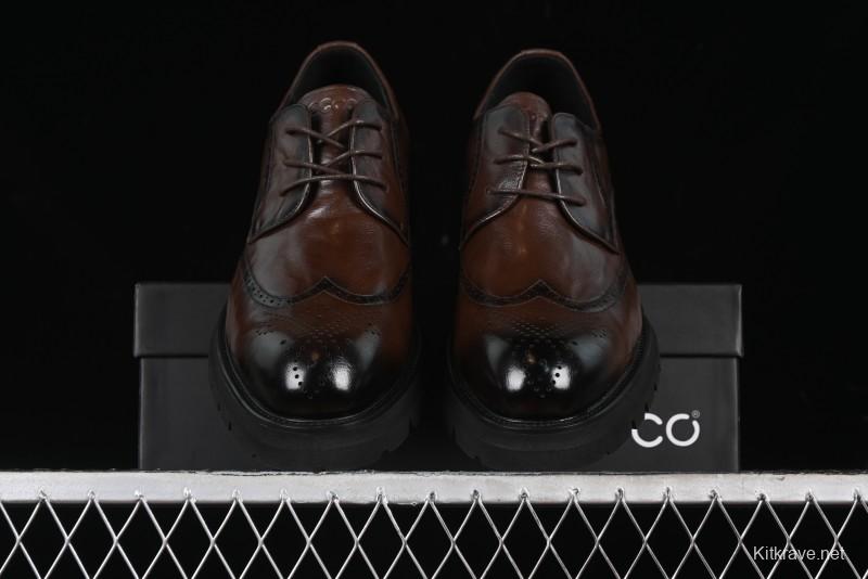 ECCO Block Derby Round Toe Genuine Leather Brogue Dress Shoes - 63667201002