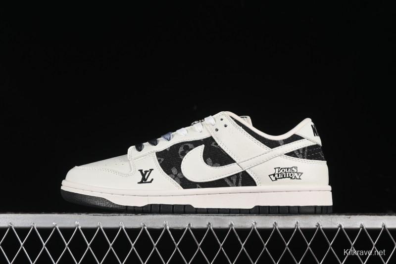 Nike SB Dunk Low LV Collaboration - Beige Black Printed Denim Anniversary High-End Custom Low-Top Casual Skate Shoes - XB3802-357