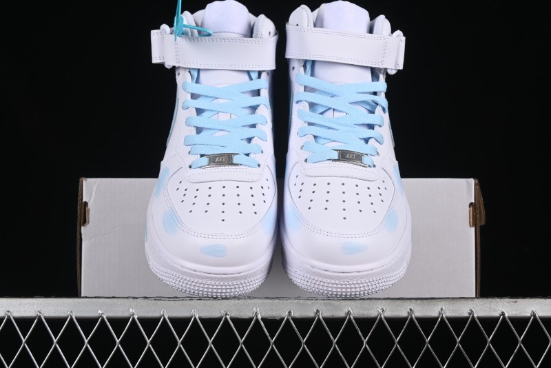 Nike Air Force 1 '07 Mid Light Blue Hand-Painted Cracked Three Stripes Shadow Mid-Top Casual Sneakers - CW2289-111