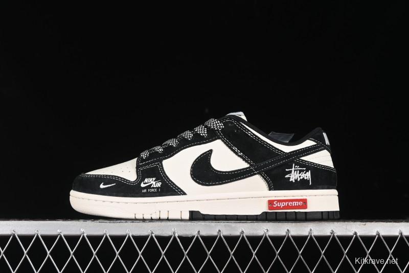 Nike SB Dunk Low Supreme x Stussy Triple Collaboration - Black White Black Swoosh Anniversary Custom Low Top Casual Skate Shoes - SJ2068-300