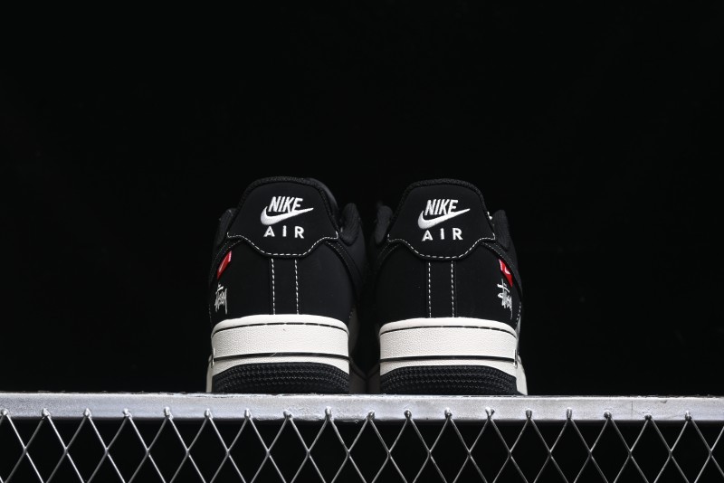 Nike Air Force 1 '07 Low Stussy Collaboration - Black White Double Swoosh Red Tag Low-Top Casual Sneakers - SJ6698-012