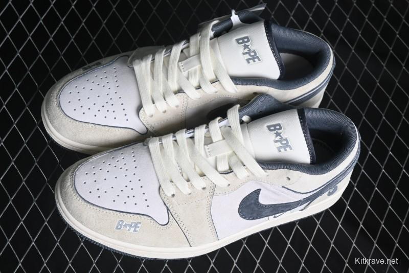 Nike Air Jordan 1 Low AJ1 Bape Collaboration - Custom High-End Retro Basketball Shoes with Light Grey Check - DM9188-008