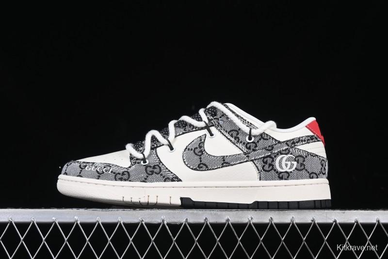 Nike SB Dunk Low Gucci Collaboration Grey Jacquard Swoosh Anniversary High-End Custom Low-Top Casual Skate Shoes - YX5066-215