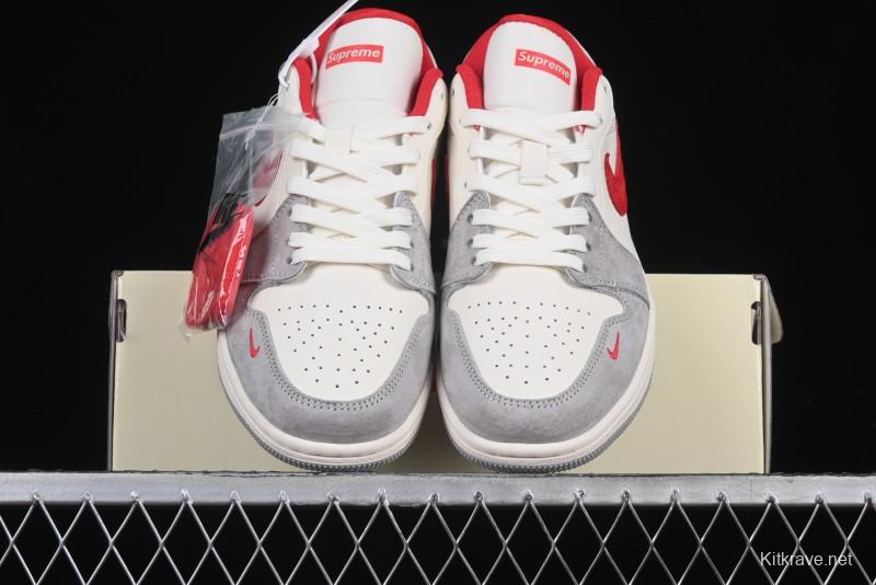 Nike Air Jordan 1 Low AJ1 Supreme Collaboration - White Grey Red Swoosh Retro Basketball Shoes - SJ9950-024
