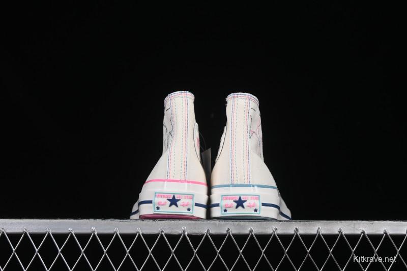 Converse Chuck 1970s High Top Casual Sneakers with Star Stitching and White-Pink-Blue Mismatched Design - A15744C