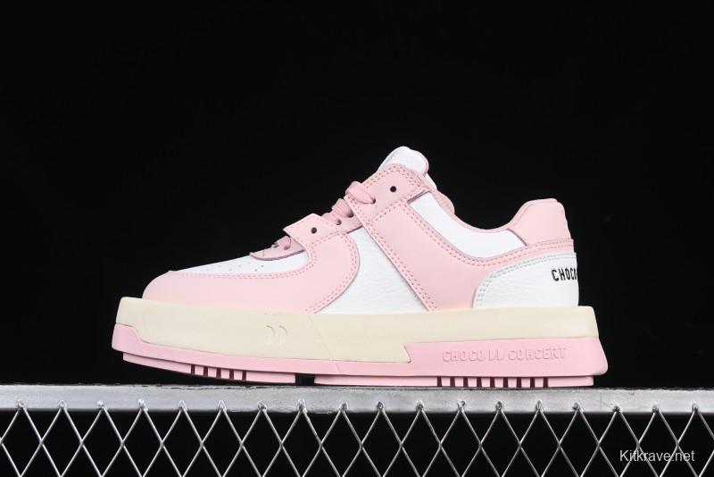 Choco Concert Leather Round Square Asymmetrical Fashion Sneakers White Pink - AJE5