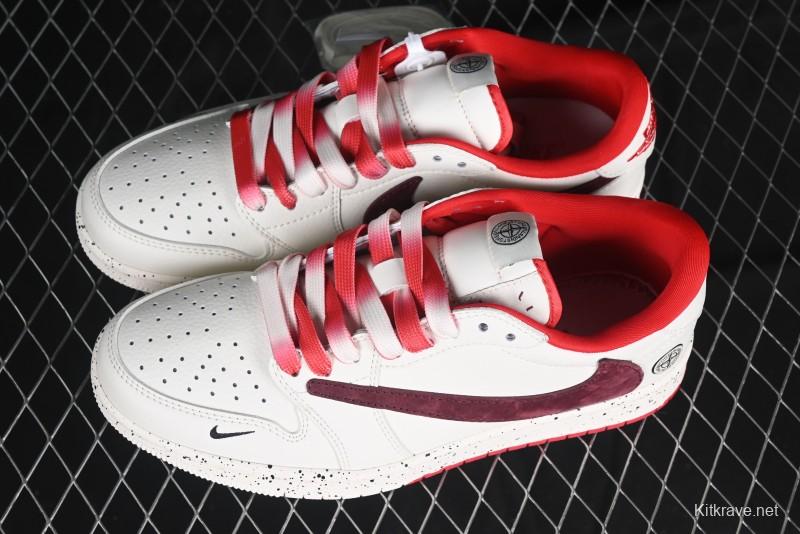 Nike Travis Scott x Fragment Design x Air Jordan 1 Low OG SP AJ1 Stone Island Collaboration Pomegranate Red Low-Top Casual Sneakers - CF3688-077
