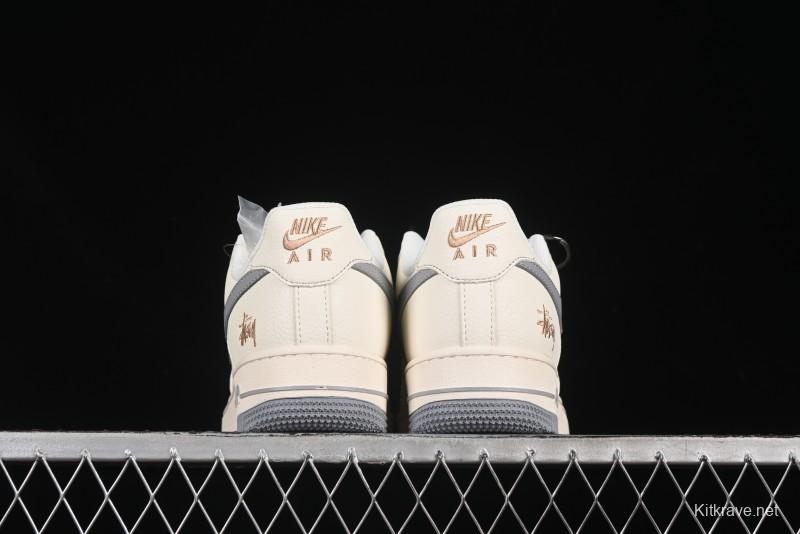 Nike Air Force 1 '07 Low Stussy Collaboration Gold Embroidery Grey Swoosh Casual Sneakers - XX3168-150