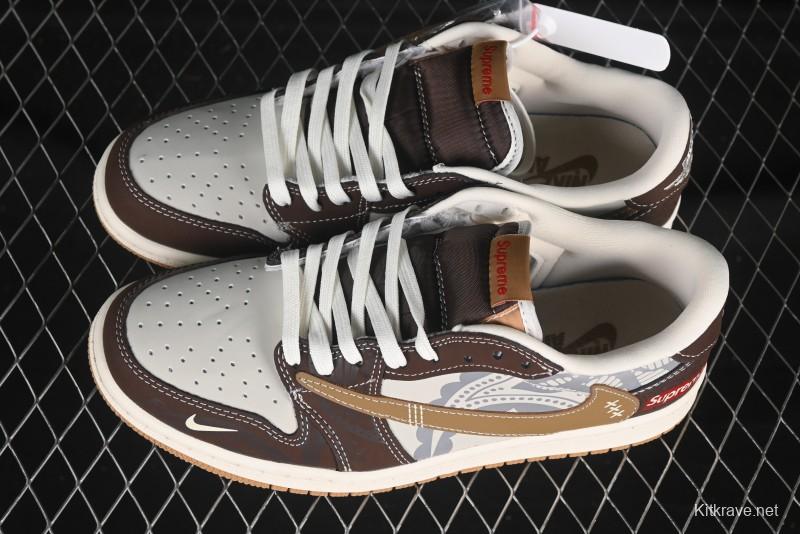 Nike Travis Scott x Fragment Design x Air Jordan 1 Low OG SP AJ1 Supreme Collaboration Brown Graffiti Low-Top Casual Sneakers - XS2024-055