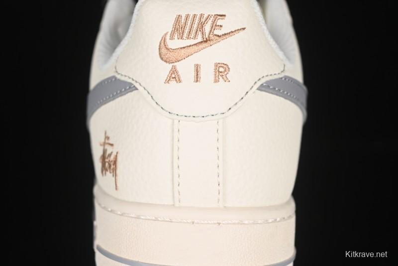 Nike Air Force 1 '07 Low Stussy Collaboration Gold Embroidery Grey Swoosh Casual Sneakers - XX3168-150