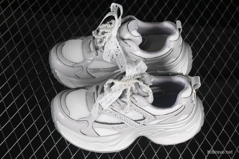GG-CC Lace Pearl Chain Casual Platform Dad Shoes - 250310 Silver
