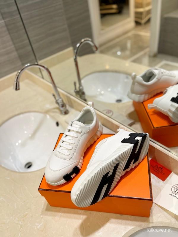 2024 Unisex Hermès White Black Imported Silk Lambskin Fabric Sneakers MJ00320