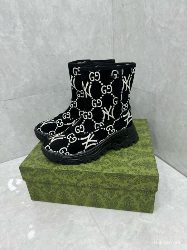 2024 Women Gucci Black White Suede Snow Boots GG NY Embroidery MJ00370