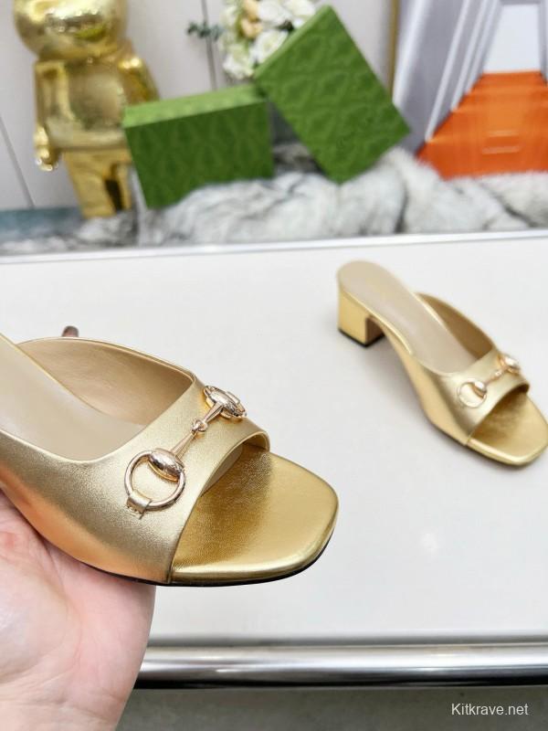 2025 Women Gucci Gold Leather Heeled Slip-On Horsebit MJ00180