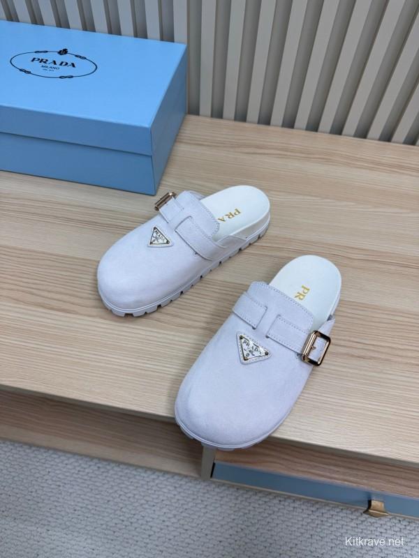 2025 Slippers Prada Light Gray Suede Slippers LY00280