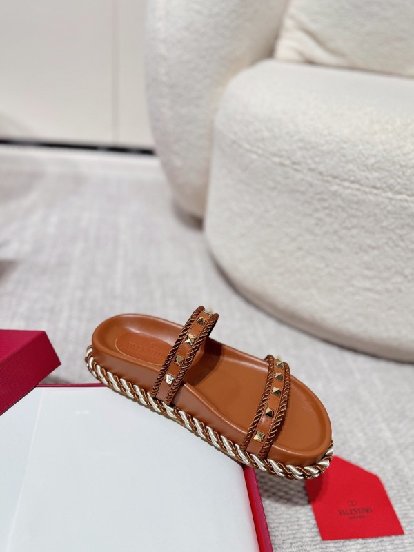2025 Women Valentino Brown Leather Sandals Braided Rope Sole LY00250