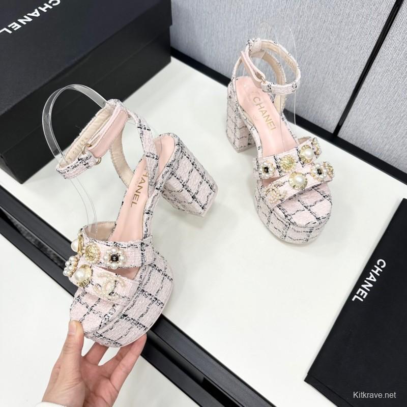 2025 Women Chanel Pink Black Tweed Platform Sandals