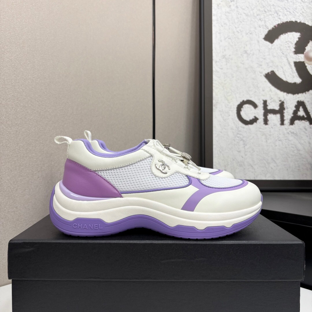 2025 Women Chanel White And Purple Leather And Mesh Casual Sneakers Chunky Sole Classic Logo LY00360(F)