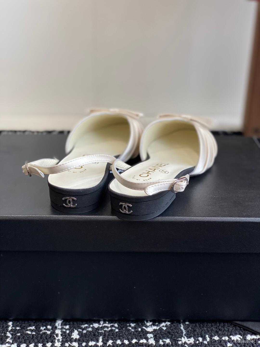 2025 Women Chanel Black Beige Silk Leather Sandals Bow KFY00289