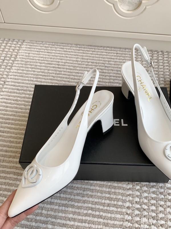 2025 Women Chanel White Patent Leather Slingback Heart CC KFY00300