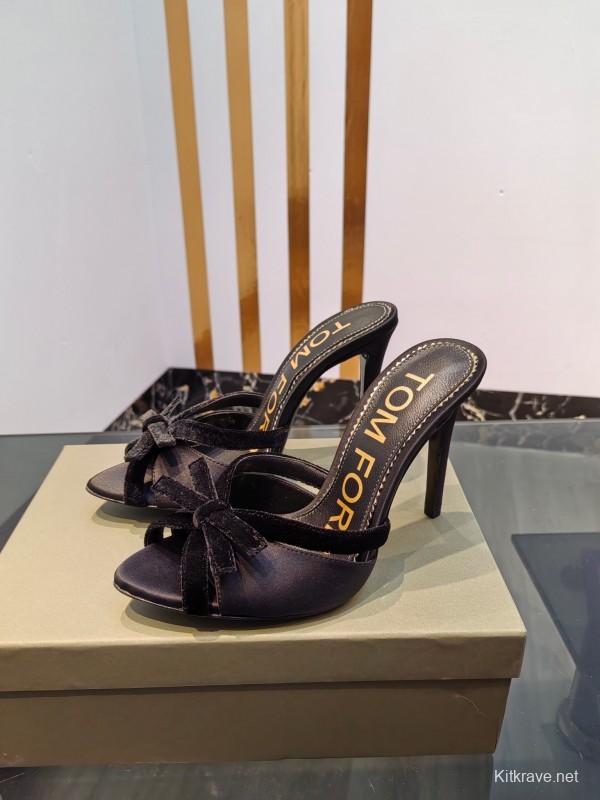 2025 Women TOM FORD Black Velvet High Heel Backless Sandals KFY00290