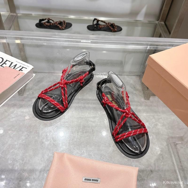 2025 Women Miu Miu Red Black Leather Rope Sandals KFY00200