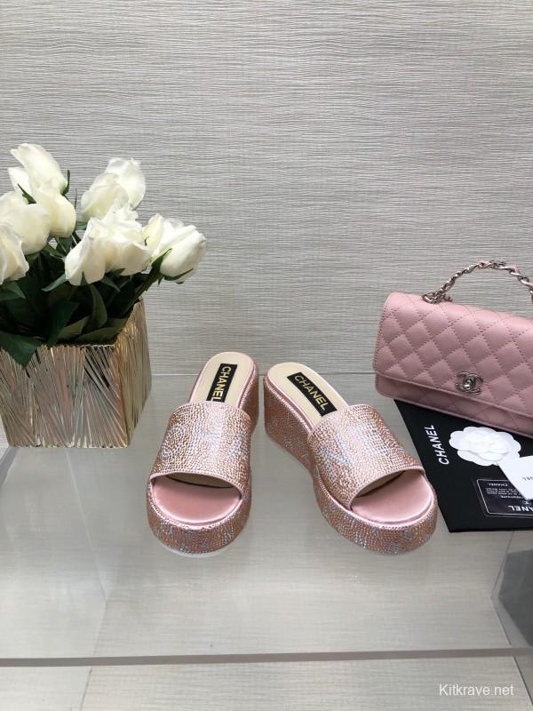 2025 Slippers Chanel Pink Rhinestone Platform Slip-On LY00320