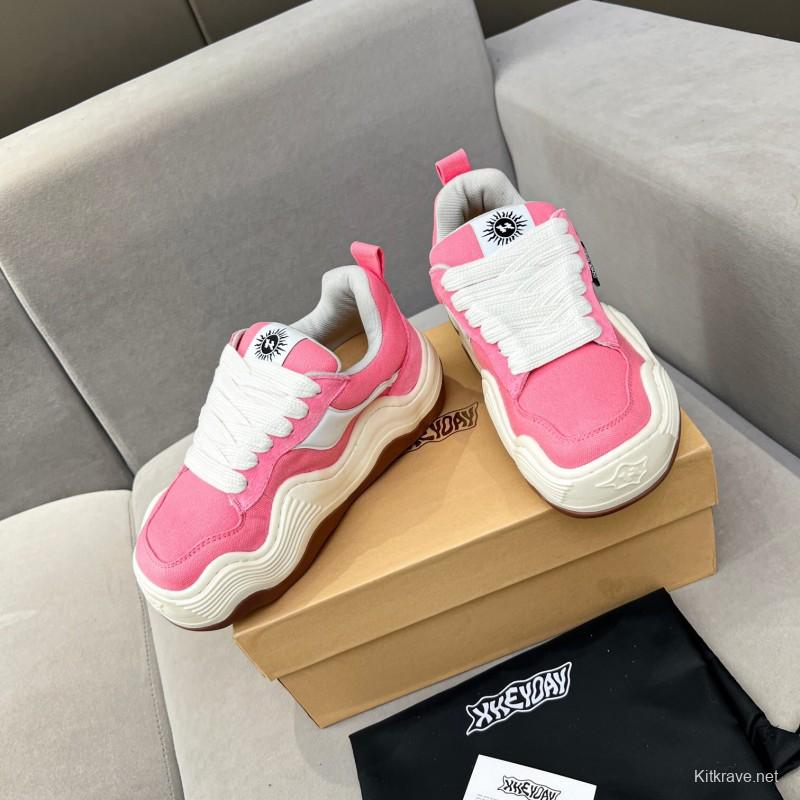 2025 Women HEYDAY Pink White Canvas Leather Wave Bread Sneakers KFY00260(F)