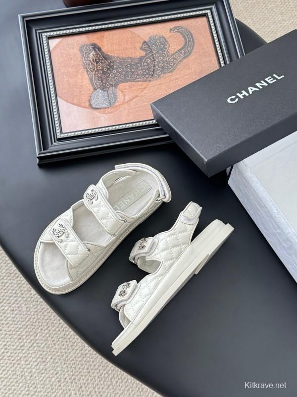 2025 Women Chanel White Leather Sandals LY00320