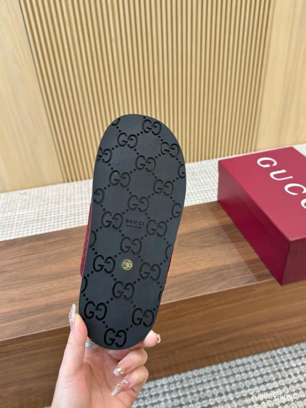 2025 Women Gucci Red Suede Leather Sandals Double Buckle LY00260