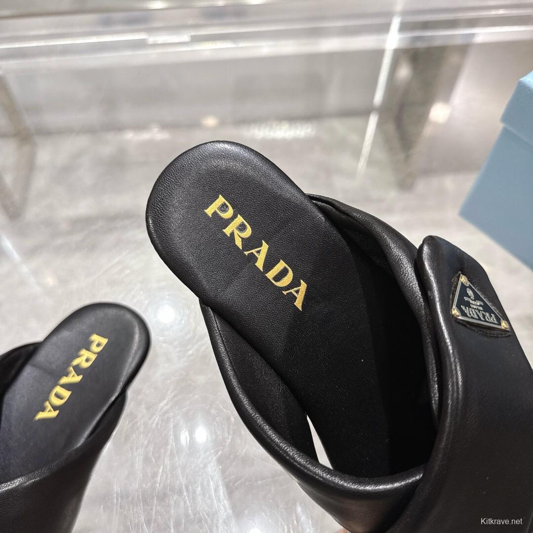 2025 Women Prada Black Leather Slippers