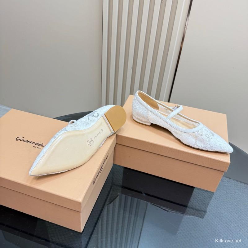 2025 Women Gianvito Rossi White Lace Leather Low Heel Ballerina KFY00260