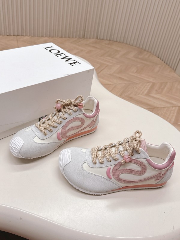 2025 Women Loewe Pink White Leather Balletrunner Ballet Sneakers KFY00300(F)