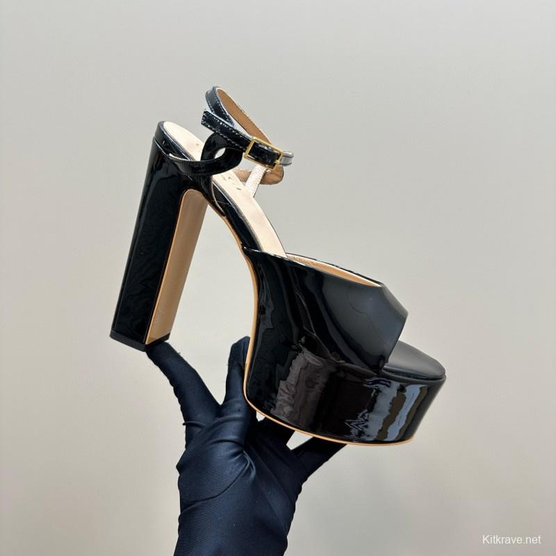 2025 Women Gucci Black Patent Leather Platform Sandals MJ00340
