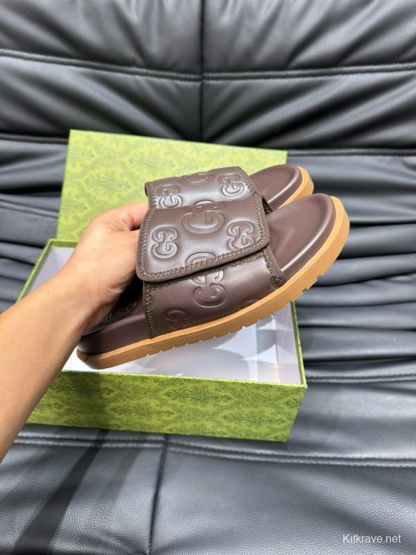 2024 Gucci Brown Leather Slippers MJ00200