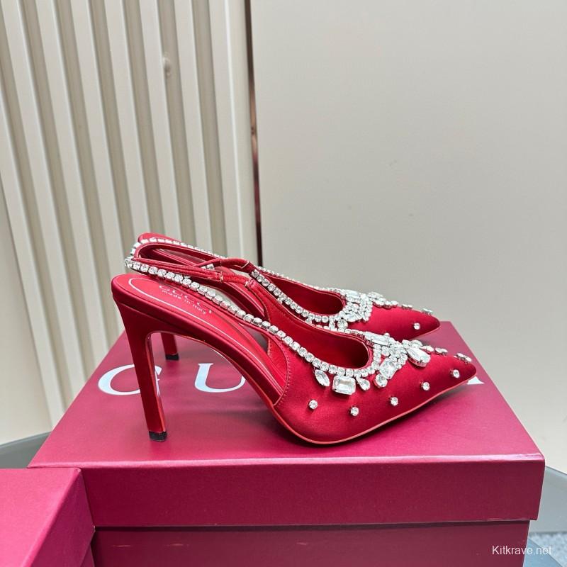 2025 Women Gucci Red Satin High Heel Slingback Crystal MJ00340