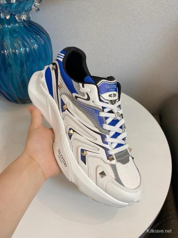 2024 Unisex Valentino Blue White Grey Mesh Leather Sneakers MJ00410