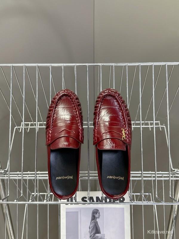 2025 Women Yves Saint Laurent Burgundy Leather Loafers